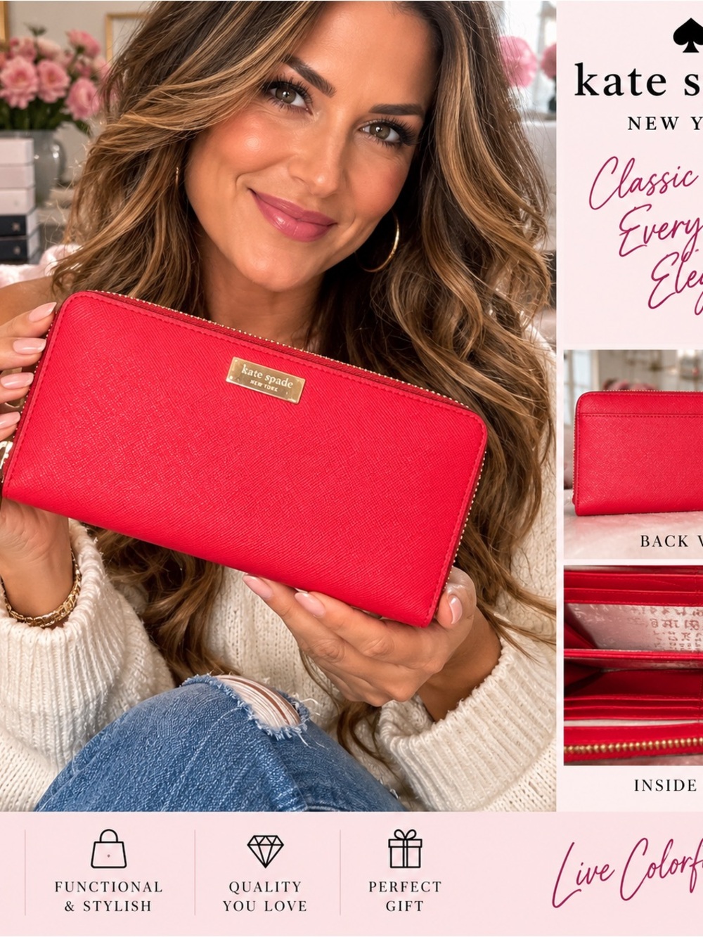 kate spade red zip-around leather wallet with gold logo plaque